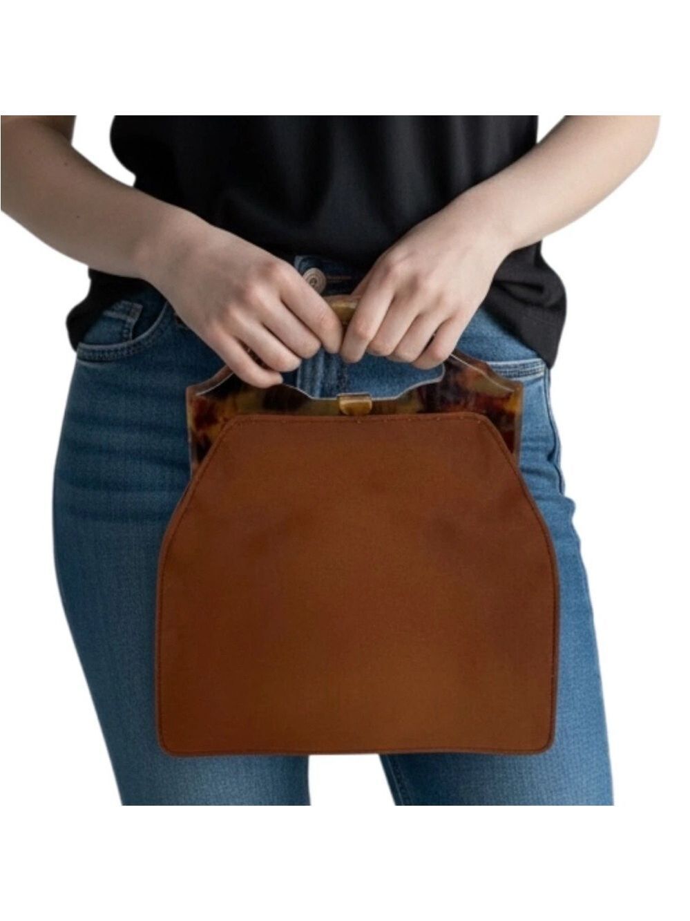 Carrie Forbes Vintage 90s Brown Fabric Clutch Bag Tortoise Acrylic Handle Purse
